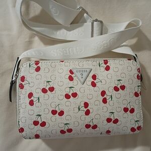 GUESS White Cherry Print Crossbody Bag with Red Accents